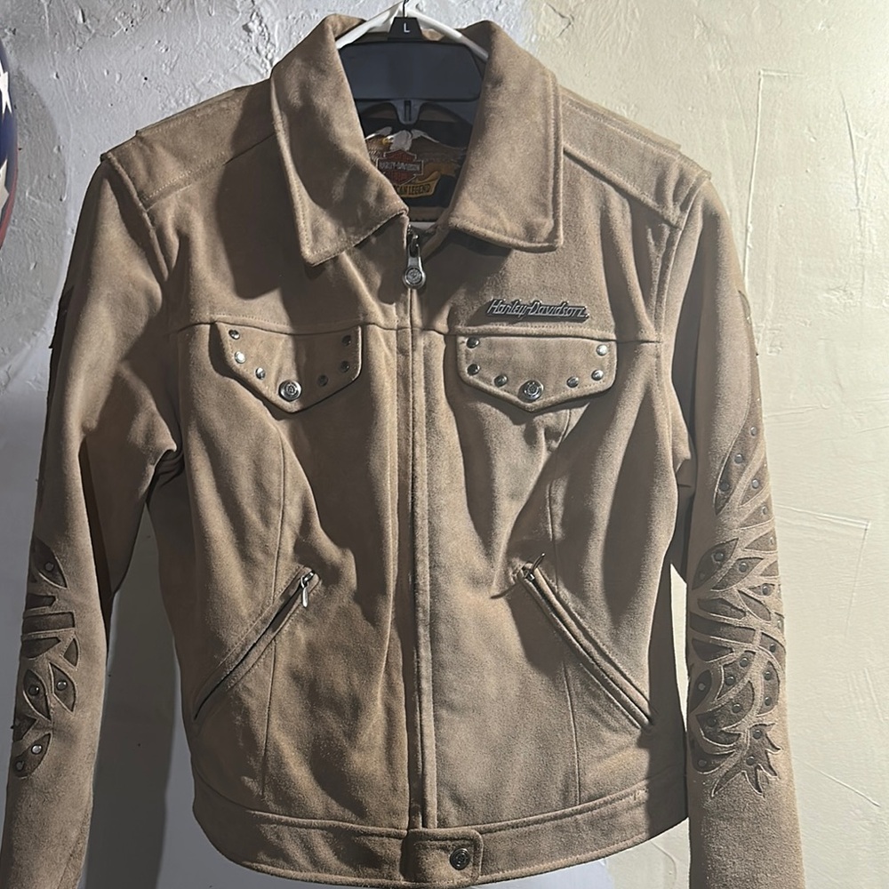 1980s Harley-Davidson Tan Leather Jacket with Casual Style and Fitted Fit